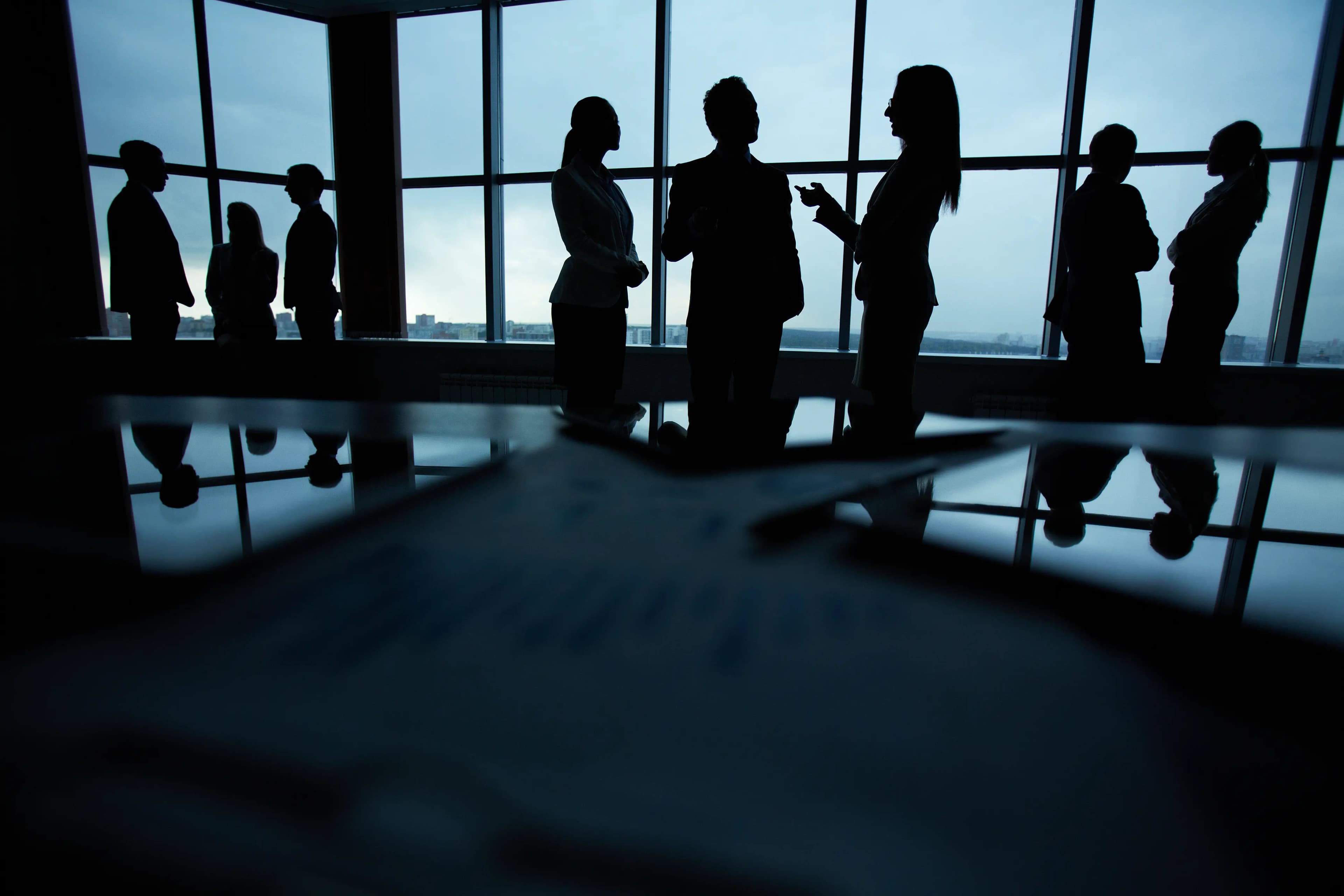 Business professionals' silhouettes in a conference or meeting room.
